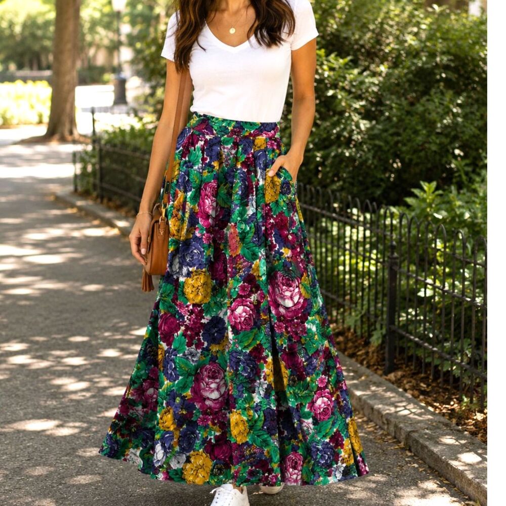 Vintage Floral pleated skirt - with pockets - Size S